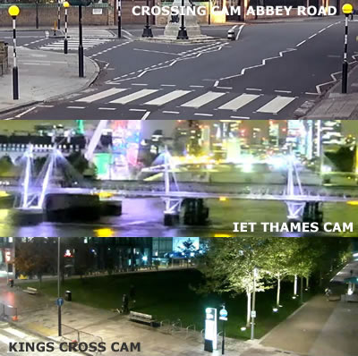 Photographs of various London scenic webcams including Abbey Road zebra crossing, IET Thames and London landmarks and Kings Cross Development